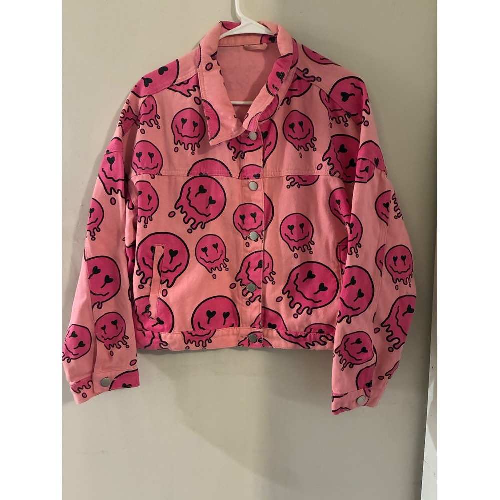 SHEIN Denim Jacket Women Size 6 Pink Excellent Melting Smiley Face Heart Eyes